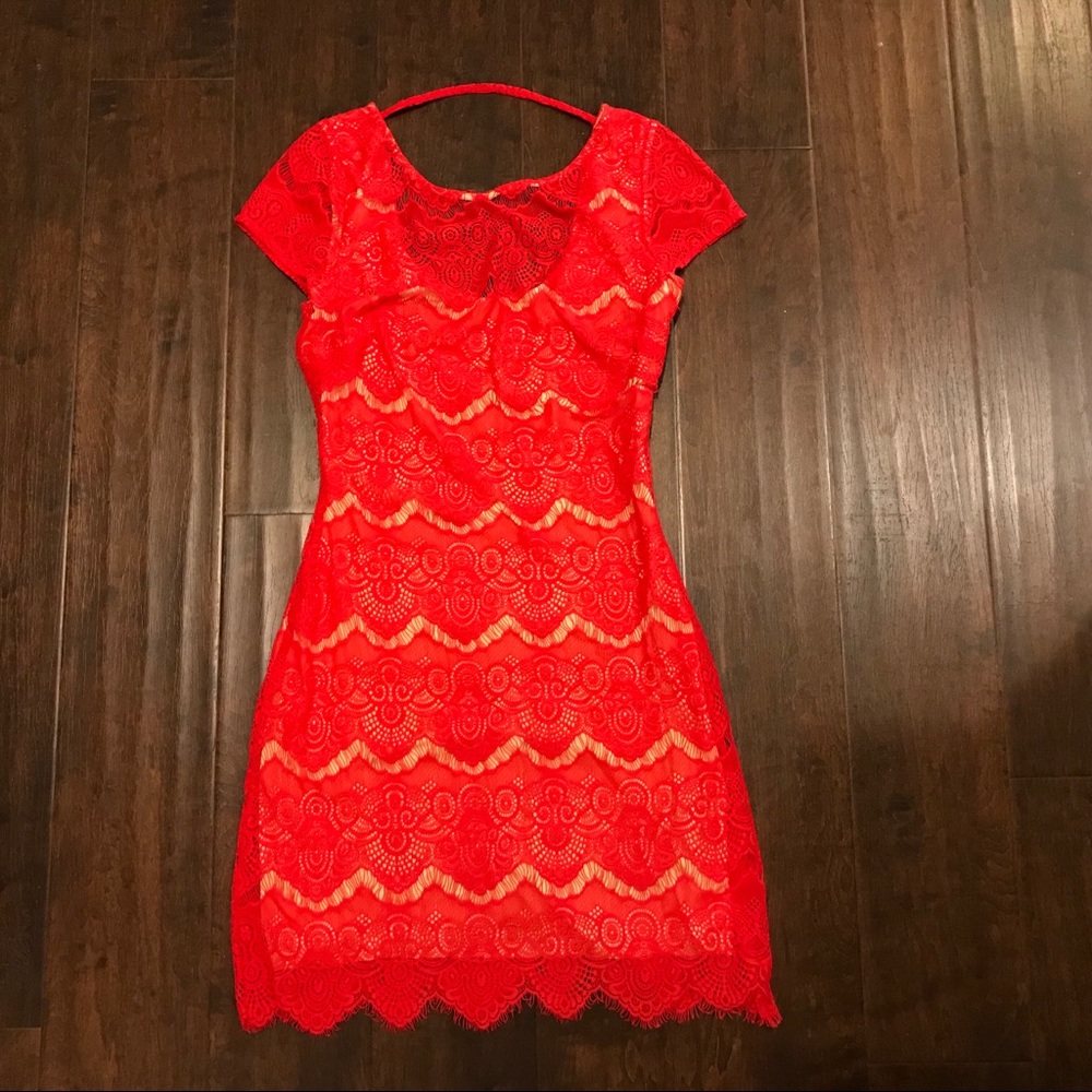 BEBE red and nude lacey dress